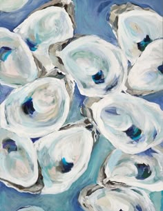 an oil painting of white flowers on a blue background