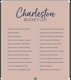 the charleston bucket list is shown on a pink background