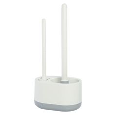 a white device with two antennas attached to the back of it's holder, on a white background