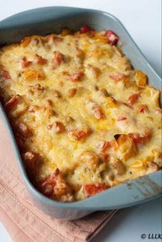 a casserole dish with meat and cheese in it