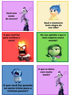 some cartoon characters with different expressions and words in spanish, english and spanish on the same page