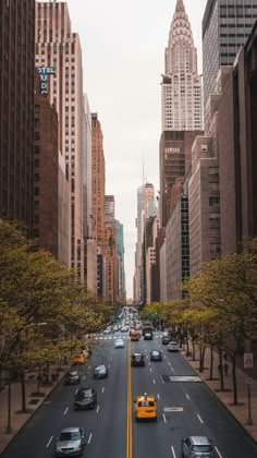 a city street filled with lots of tall buildings next to trees and parked cars on the side of the road