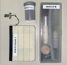 the contents of a hairbrush, comb and makeup bag are shown in this image