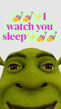 a green creature with the words i watch you sleep on it's forehead and eyes