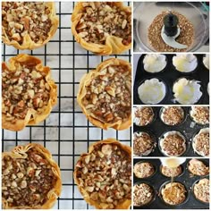 there are many different types of pies on the rack and one is filled with oatmeal