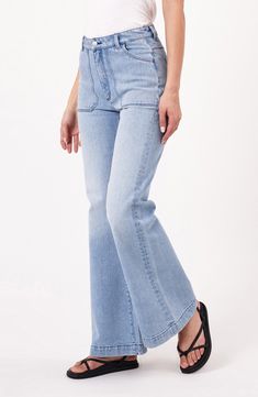 A faded finish dials up the old-favorite appeal of these impeccably flared light-wash jeans. 32" inseam; 25" leg opening; 11 1/2" front rise; 14 1/2" back rise (size 29) Zip fly with button closure Front scoop pockets; back patch pockets 99% cotton, 1% elastane Machine wash, line dry Imported High Rise Blue Flares With Five Pockets, High-rise Medium Wash Flares With Five Pockets, Faded Flare Jeans With Five Pockets, Faded Flare Full Length Jeans For Spring, Faded Full Length Flare Jeans For Spring, Spring Faded Full-length Flare Jeans, Spring Faded Full Length Flare Jeans, Medium Wash Mid-rise Flares With Five Pockets, Mid-rise Medium Wash Flares With Five Pockets