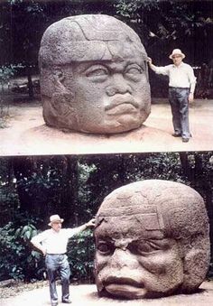 a man standing next to a large stone statue in the middle of two pictures, one with a face on it