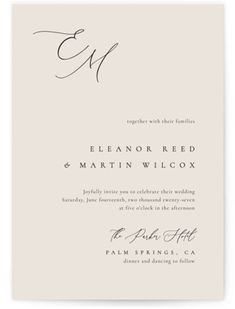 an elegant wedding card with the initials e and m on it, in black ink