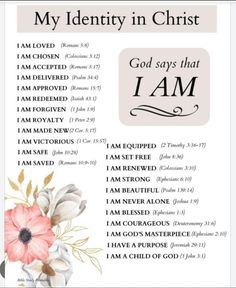 a poster with the words,'my identity in christ'and an image of flowers