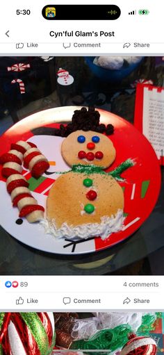 a plate that has some food on it and is decorated like a christmas snowman