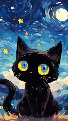 a painting of a black cat sitting in front of a starry night sky with yellow eyes