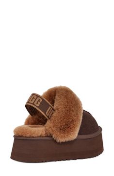 UGG's iconic slipper topped with a ruff of plush genuine shearling gets updated with a chunky layered platform for a funky, retro-inspired look. A logo-embellished strap provides a secure fit. 2" platform (size 9) Elastic slingback strap Slight dye transfer may occur with darker colors during first few wears Leather and genuine shearling upper/genuine shearling lining/synthetic sole Shearling may be sourced from Australia, Ireland, Spain, the UK or the USA. See packaging for confirmed country of origin Imported Women's Shoes Ugg Funkette, Ugg Platform Slippers, Winter Drip, Platform Uggs, Ugg Platform, Luxury Slippers, Fluffy Shoes, Boot Outfits, Shearling Slippers