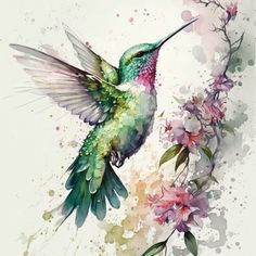 a watercolor painting of a hummingbird with flowers on it's back side