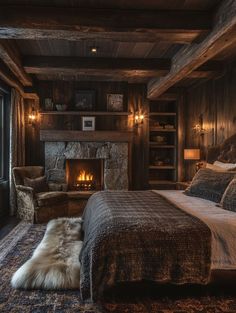 a bedroom with a bed, chair and fireplace in it