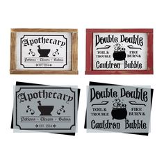 DIY reusable Halloween stencils, Apothecary sign stencil, Double Double toil and trouble fire burn and cauldron bubble sign stencil, Witch sign stencils Diy Halloween Signs, Apothecary Vintage, Halloween Signs Diy, Deer Head Silhouette, Wall Decor Diy, Stencil Decor, Halloween Stencils, Community Signs, Scrabble Letters