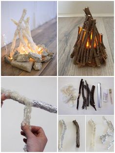 several different types of driftwood are shown in this collage with fire and candles