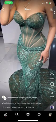 Crystal Beaded Prom Dress, Prom Dress Inspiration Mermaid, Green Beaded Prom Dress, Unique Prom Looks, Sage Green Prom Dress Black Women, Unique Prom Dress Colors, Green Wedding Dress For Bride, Matric Dance Dresses Unique, Unique Prom Dresses 2023