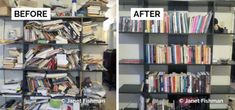 before and after photos of a bookshelf filled with books