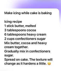 the recipe for making ice cream cake is shown in purple and white text, with an emoticive smiley face