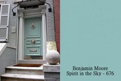 a blue door with the words benjamin moore spirit in the sky - 766 on it