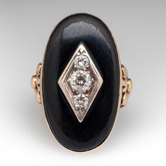 Antique Onyx & Old Euro Diamond Statement Ring 14K Yellow Gold Elegant Oval Black Enamel Ring, Black Oval Rings With Diamond Accents, Vintage Black Oval Cabochon Ring, Oval Black Enamel Diamond Rings, Elegant Black Oval Signet Ring, Antique Black Oval Cabochon Jewelry, Vintage Black Oval Cabochon Jewelry, Black Oval Enamel Ring, Black Oval Enamel Ring For Formal Occasions