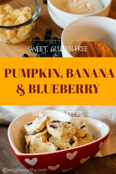 pumpkin, banana and blueberry desserts with text overlay