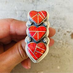 Navajo Signed Sterling Silver & Red Orange Lab Opal Hearts Ring! Condition: Brand New, Handmade! Stamped Sterling And Signed An! Incredible! See Photos! Retail $360! Size: 7 3/4 2” H X 7/8” W! This Is Only For One Ring, The Other Items Are Up Separately! I Have Multiple Native American, Navajo, Zuni, Taxco, Antique, Vintage, And Other Designer Items If You Want To Check Out My Other Listings! Sorry, No Trades! Same Day Shipping When Possible! New Items Posted Every Week! Any Questions, Let Me Kn Southwestern Sterling Silver Red Ring, Southwestern Red Sterling Silver Ring, Handmade Southwestern Red Ring, Native American Jewelry Rings, Silversmith Rings, Opal Heart Ring, Native American Jewelry Navajo, Snake Ring Silver, Native American Rings