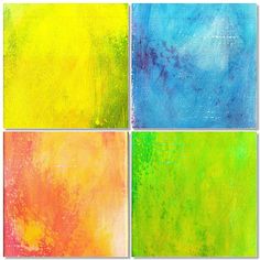 four square paintings with different colors and patterns on the same surface, each painted in different shades