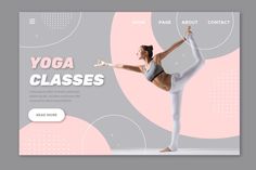 a woman is doing yoga in front of a pink and gray background with the words yoga classes on it