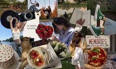 a collage of photos with people and food in them, including pizzas, strawberries, flowers, books