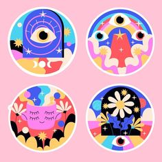 four circular stickers with different designs on them, each featuring an eye and flowers