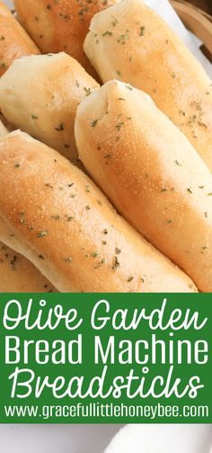 garlic garden bread machine breadsticks in a basket with text overlay reading olive garden bread machine breadsticks