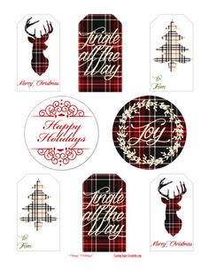 christmas tags with deer heads and plaid patterns