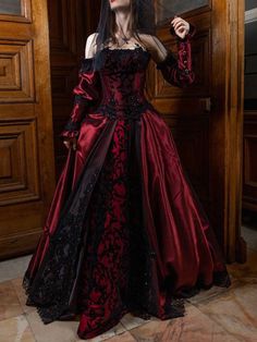 Burgundy Ball Gown, Gothic Wedding Dresses, Goth Prom Dress, Goth Wedding Dresses, Vampire Dress, Wedding Dresses A Line, Red Wedding Dress, Gothic Wedding Dress, Old Fashion Dresses