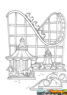 an amusement park coloring page that is in the shape of a roller coaster and rides