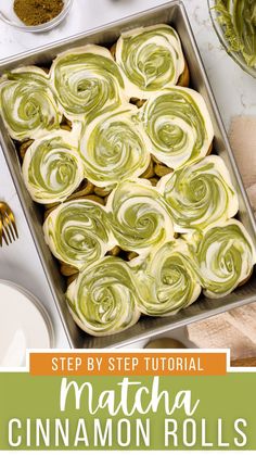 step by step instructions for how to make matcha cinnamon rolls in the microwave or oven