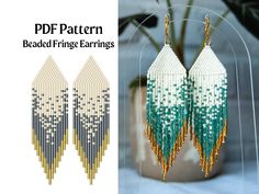 the beaded fringe earrings are designed with gold and green seed beads, along with an image of a potted plant