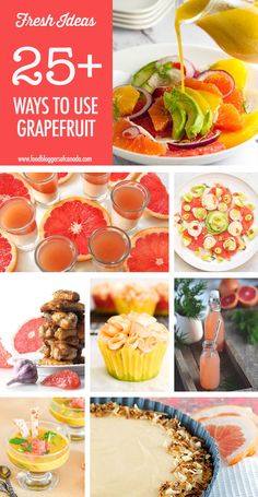 a collage of photos with grapefruit, oranges and other fruit