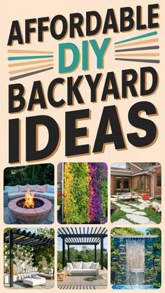 the front cover of an outdoor diy backyard ideas book, with pictures of patio furniture and fire pit