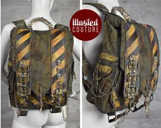 Post Apocalyptic Bag - Postapoc Backpack - Military Rucksack - Camouflage Package - Wasteland Weekend - Burning Man - LARP Accessory Pack Get ready for the post-apocalyptic world with this military green backpack made from waterproof army canvas.  Adorned with yellow biohazard stripes, skulls, and chains, this backpack is perfect for those with a unique sense of style. It features two side pockets, two pockets under the flap, and a drawstring main compartment. There's also a small zipper pocket Dystopian Backpack, Wasteland Outfit Men, Post Apocalyptic Jacket, Unique Fashion Men, Apocalypse Bag, Wasteland Outfit, Post Apocalyptic Accessories, Wasteland Fashion, Wasteland Clothing