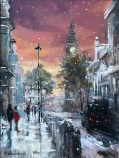 a painting of people walking down a street in the snow at night with a clock tower in the background