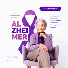 an older woman sitting in a chair with a purple ribbon on the wall behind her