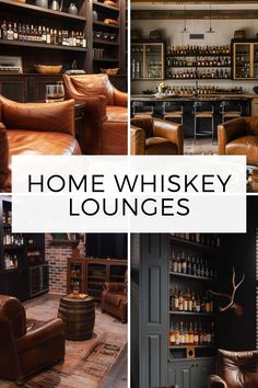 the inside of a whiskey lounge with leather chairs