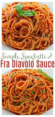 spaghetti with tomato sauce and basil leaves in two separate images, the pasta is ready to be eaten