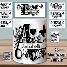 personalized mug wrapper bundle with monogrammed letters and flowers on the side