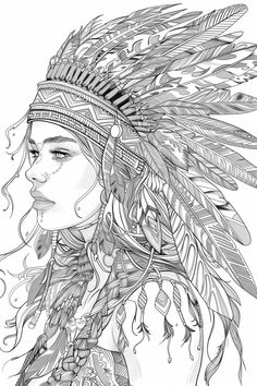 a drawing of a woman with feathers on her head