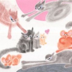 an image of cats playing with each other on the ground in front of a pink sun