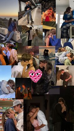 a collage of photos with people in the background and one woman kissing another man