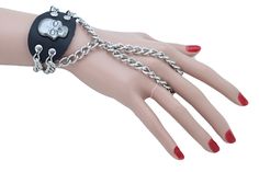 Biker Style Punk Rock Fashion Bracelet Style : Goth bold fashion / Slave bracelet style Condition : Brand New Color : Silver metal chain and charm + black faux leather fabric Size: One Size - Adjustable with extension chain Ring Size: One Size Fits All Men Bracelet Silver, Rocker Jewelry, Mens Bracelet Silver, Punk Rocker, Men Bracelet, Punk Rock Fashion, Skull Fashion, Chain Fashion, Style Punk