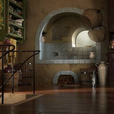 an old fashioned kitchen is shown in this digital painting style image with wood flooring and stone arches